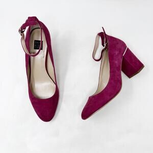 [White House Black Market] Plum Suede Chunky Almond Toe Ankle Strap Heels Sz 8.5
